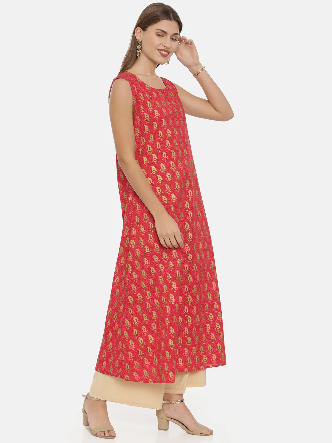 Neerus Women Red Gold-Toned Printed Straight Kurta - Image 4