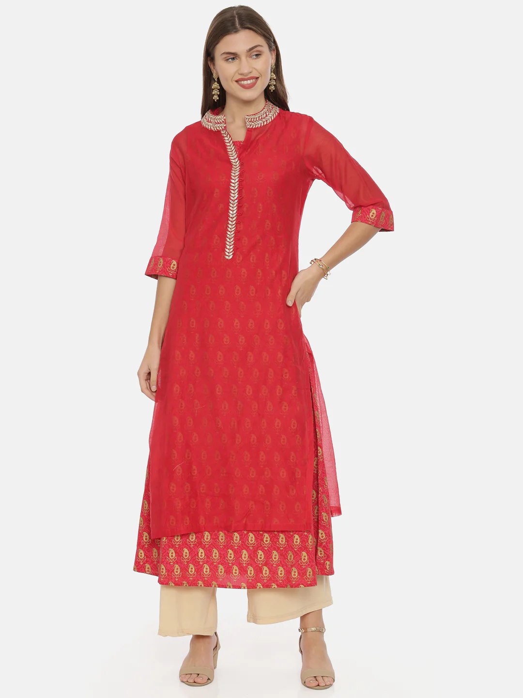 Neerus Women Red Gold-Toned Printed Straight Kurta - Image 6