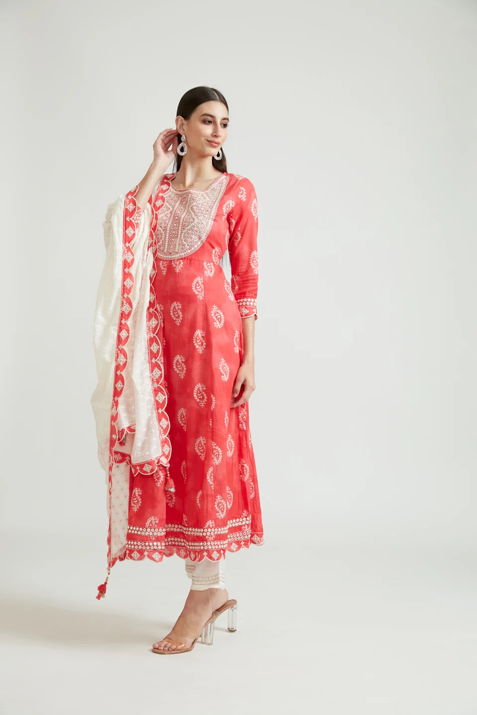 Neerus Women Red Off-White Printed Thread Work Pure Cotton Kurta with Palazzos Dupatta - Image 2