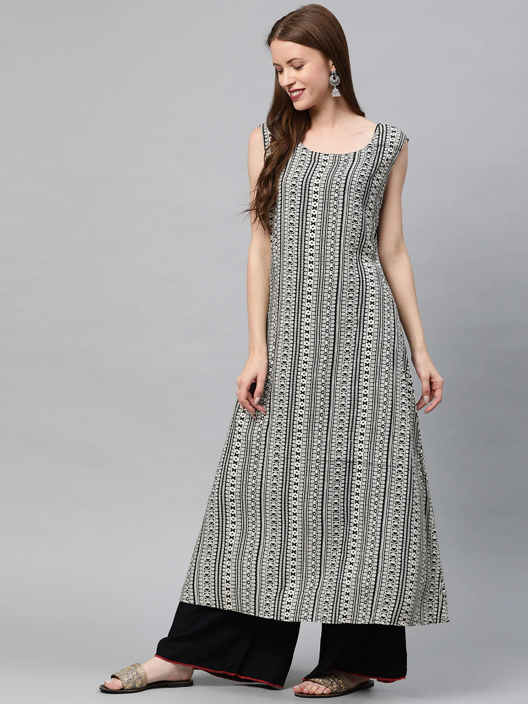 Neerus Women Red Off-White Self Striped Chanderi Silk A-Line Layered Kurta - Image 4