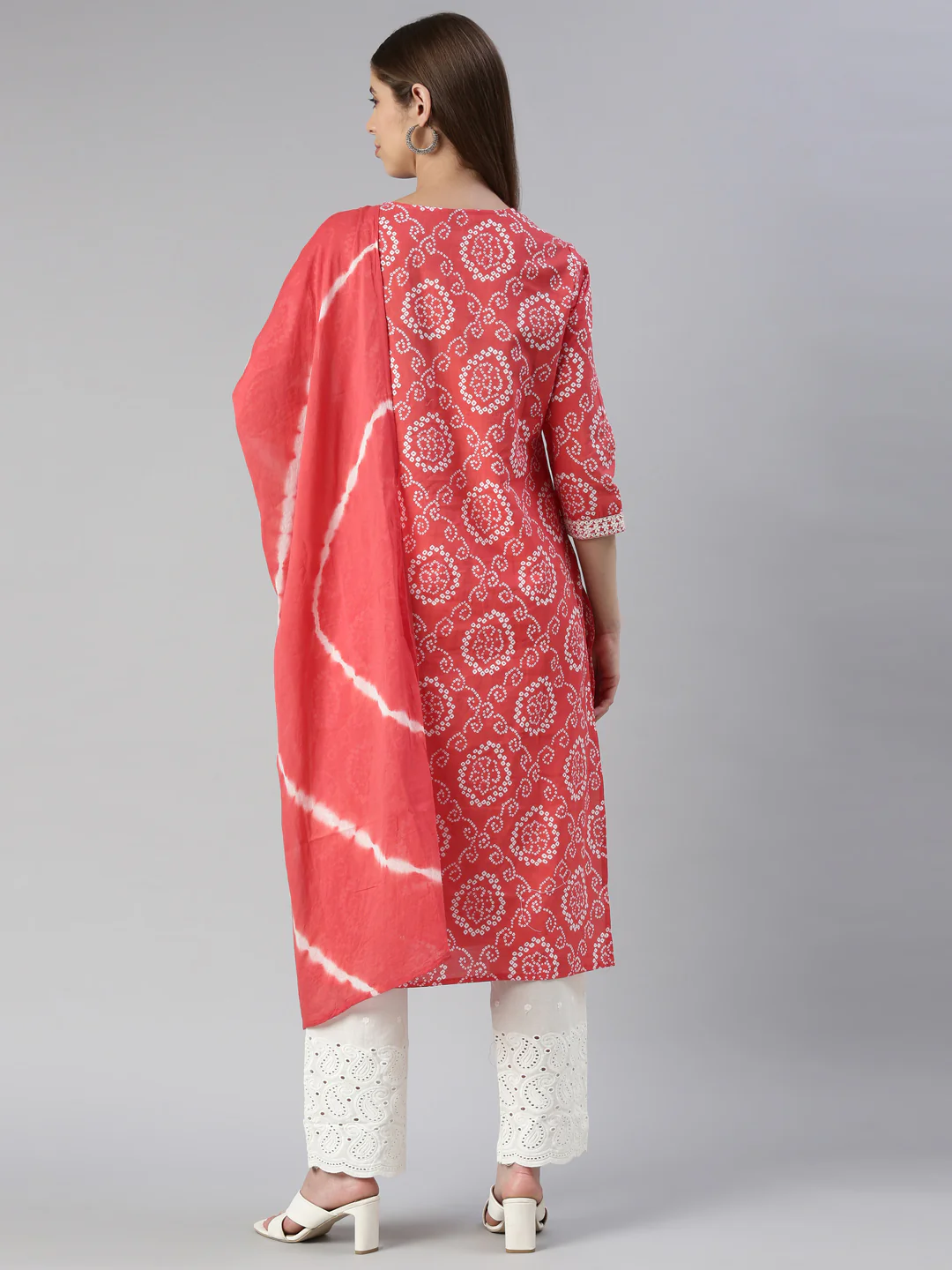 Neerus Women Red Printed Calf Length Kurta And Palazzos With Dupatta - Image 3