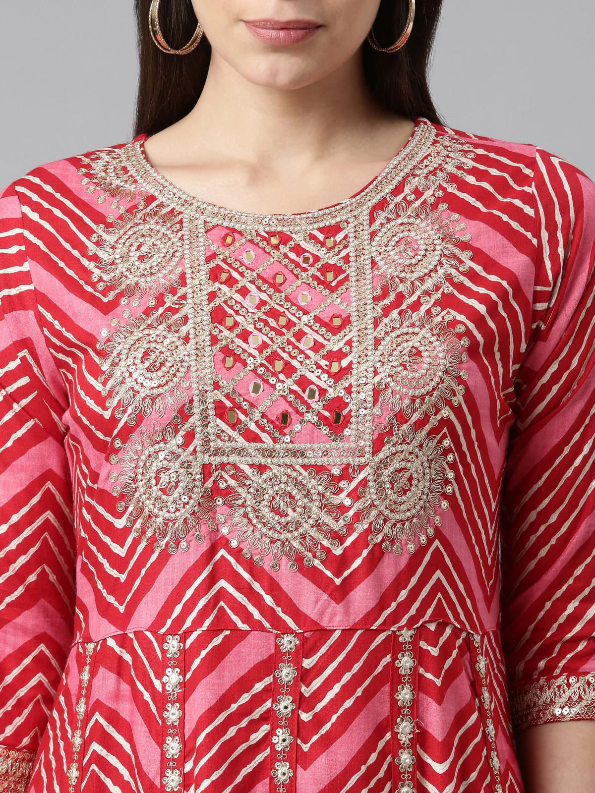 Neerus Women Red Printed Panelled Sequinned Kurta with Trousers With Dupatta - Image 2