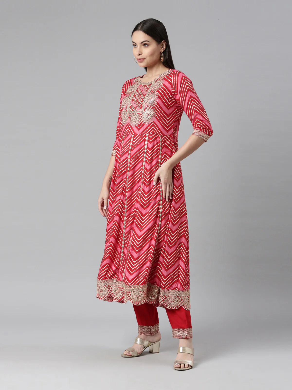 Neerus Women Red Printed Panelled Sequinned Kurta with Trousers With Dupatta - Image 3