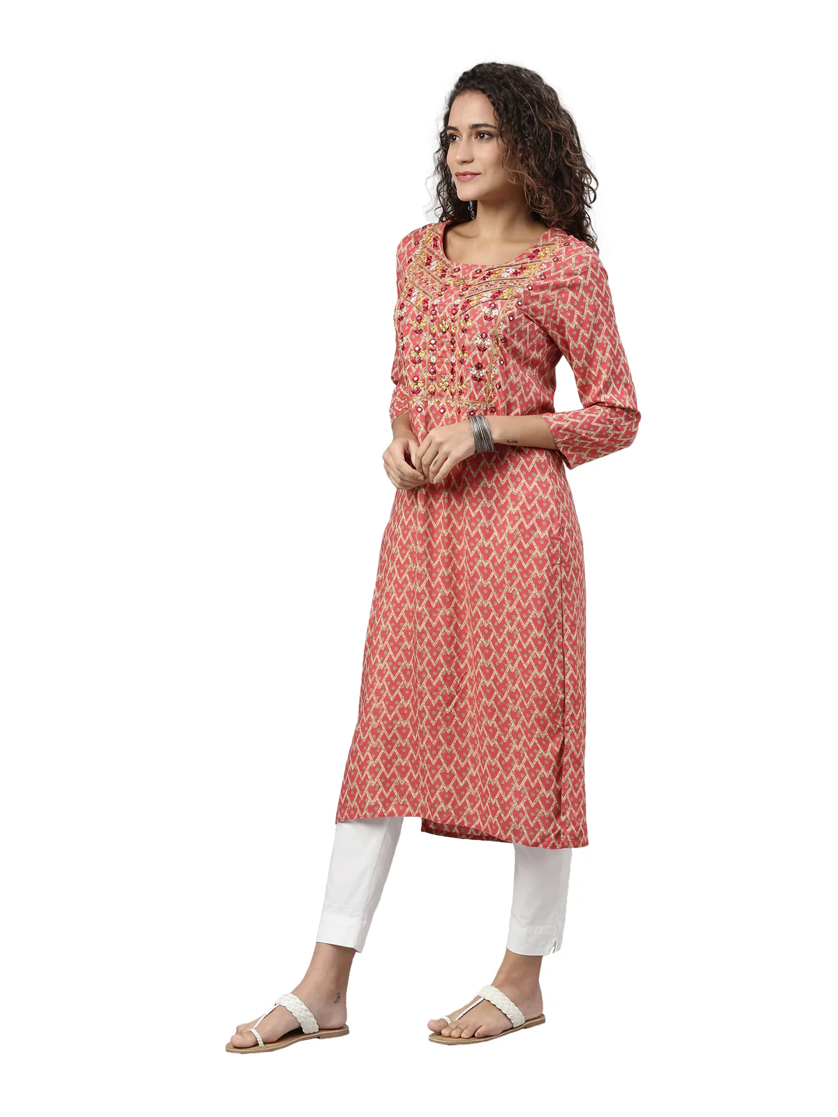 Neerus Women Red Quirky Printed Mirror Work Kurta - Image 2