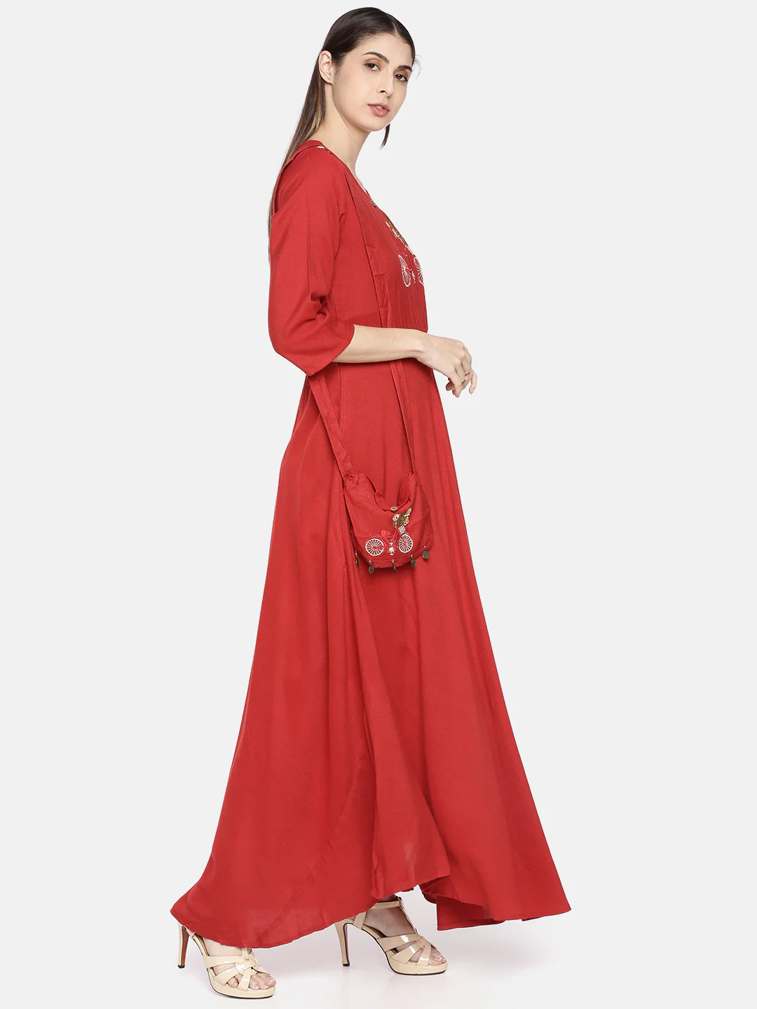 Neerus Women Red Quirky Yoke Design A-Line Kurta - Image 4