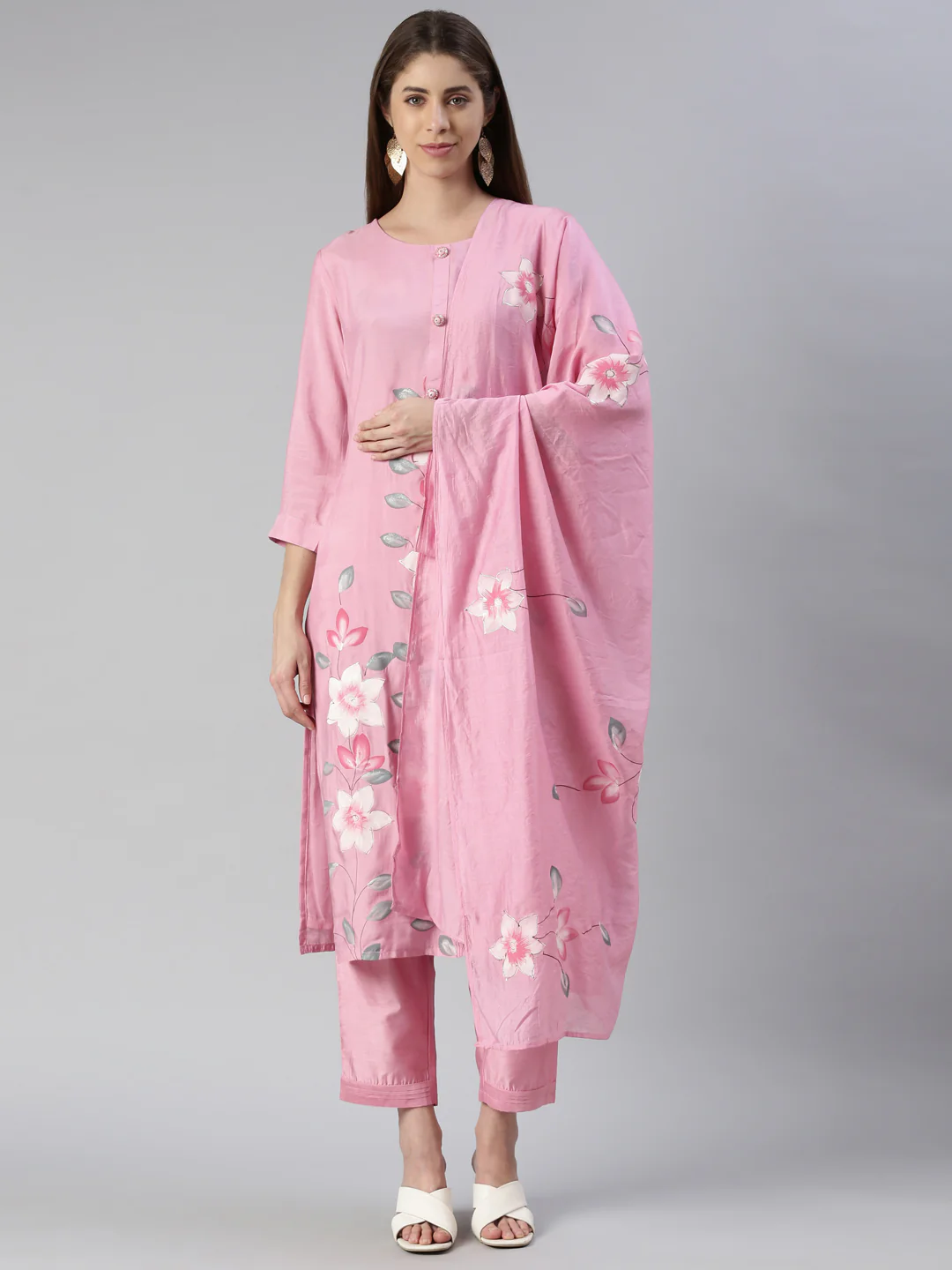Neerus Women Rose Pink Printed Calf Length Kurta And Trousers With Dupatta