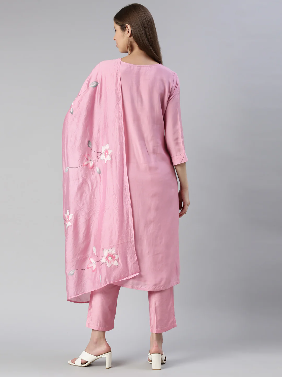Neerus Women Rose Pink Printed Calf Length Kurta And Trousers With Dupatta - Image 3