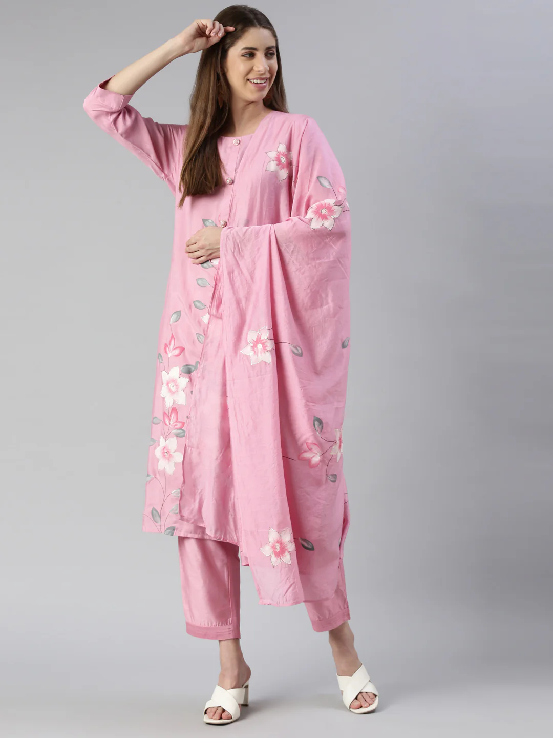 Neerus Women Rose Pink Printed Calf Length Kurta And Trousers With Dupatta - Image 5