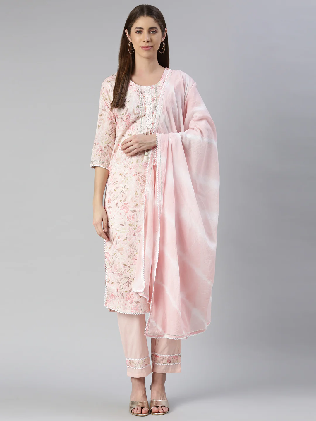 Neerus Women Rose Pink Printed Calf Length Kurta And Trousers With Dupatta