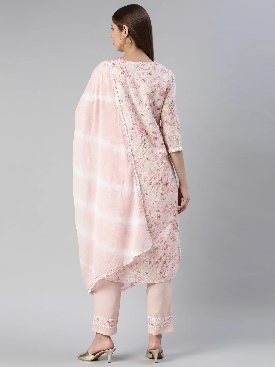 Neerus Women Rose Pink Printed Calf Length Kurta And Trousers With Dupatta - Image 3