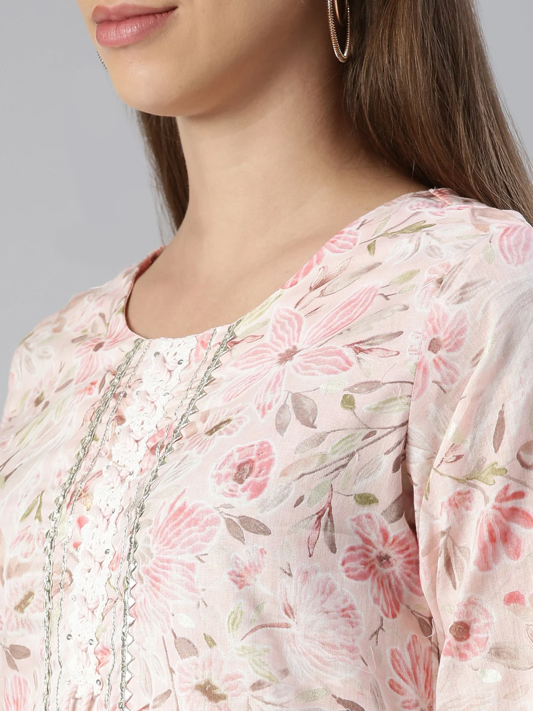 Neerus Women Rose Pink Printed Calf Length Kurta And Trousers With Dupatta - Image 4