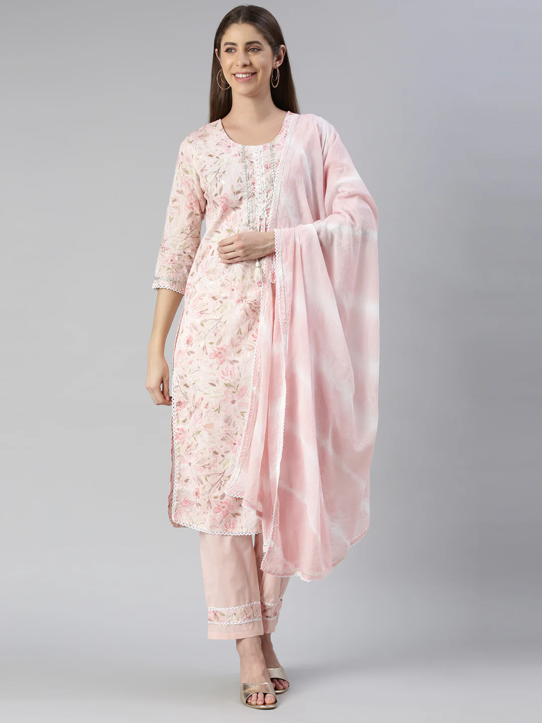 Neerus Women Rose Pink Printed Calf Length Kurta And Trousers With Dupatta - Image 5