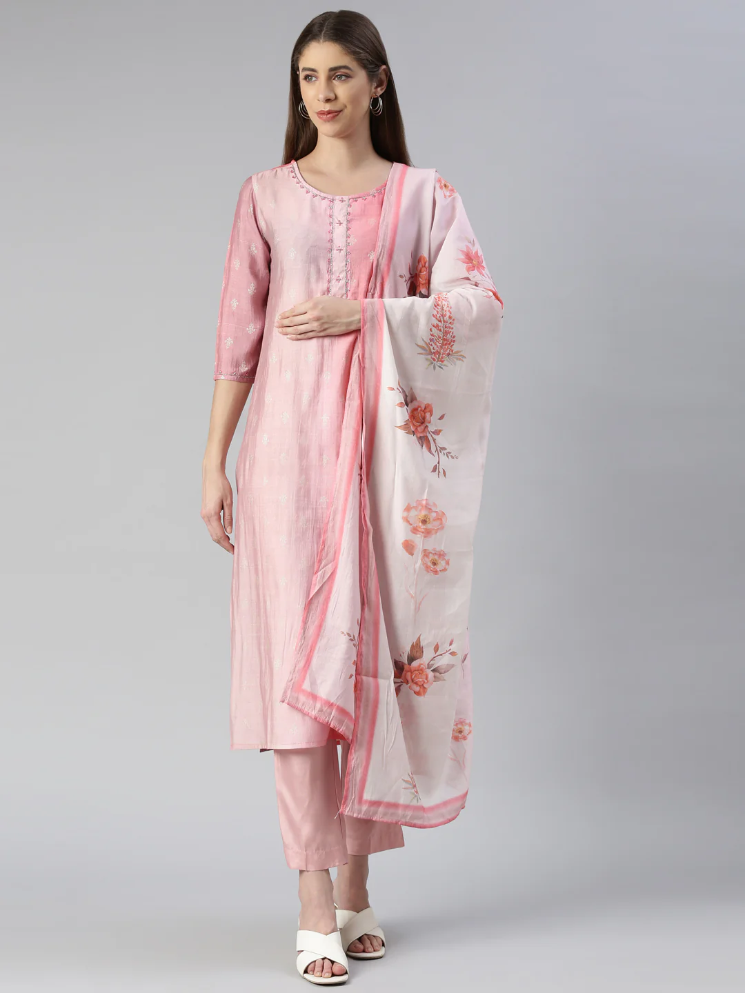 Neerus Women Rose Pink Printed Knee Length Kurta And Trousers With Dupatta