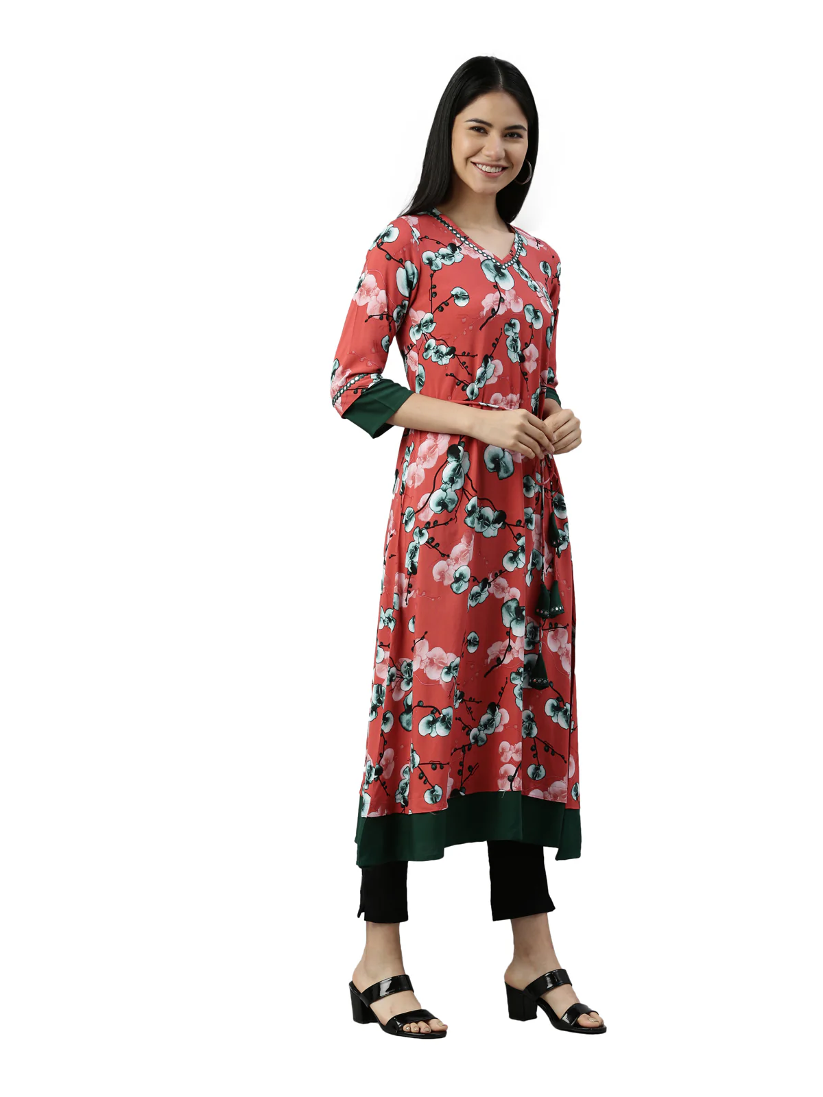 Neerus Women Rust Floral Printed Anarkali Kurta - Image 2