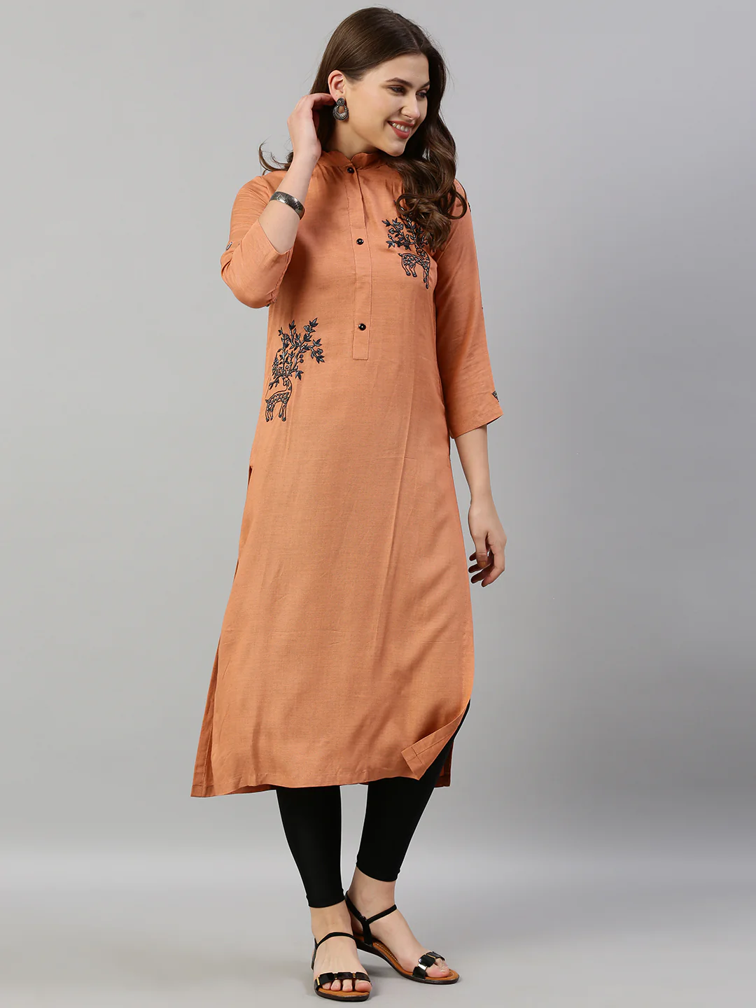 Neerus Women Rust Orange Embroidered Straight Kurta - Image 6
