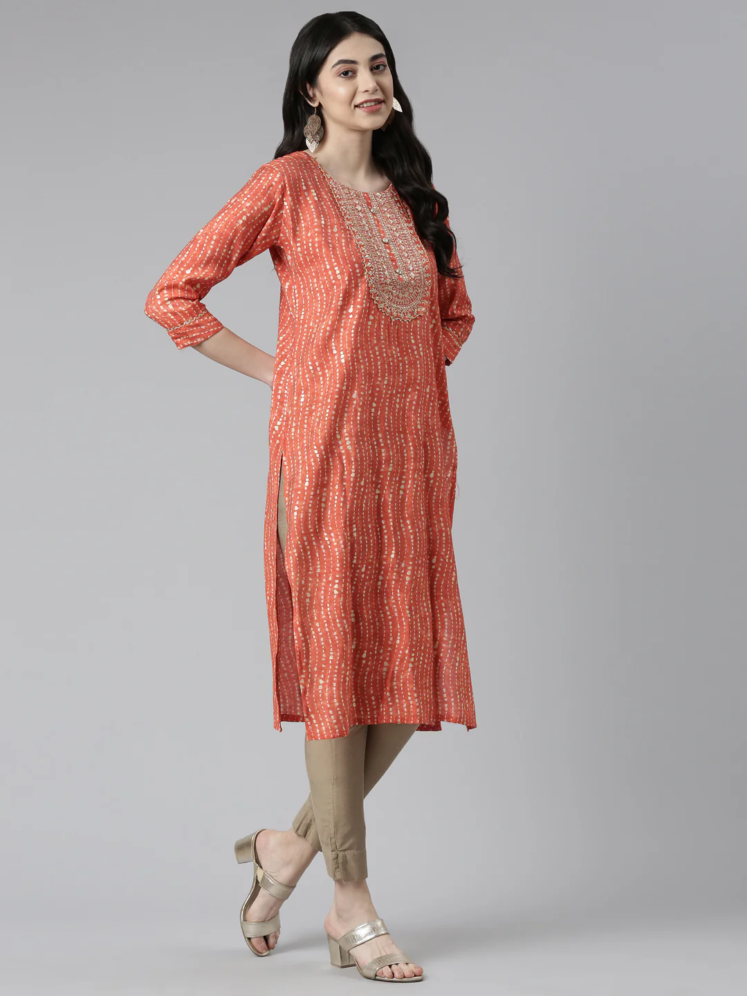 Neerus Women Rust Printed Chanderi Silk Kurta - Image 2