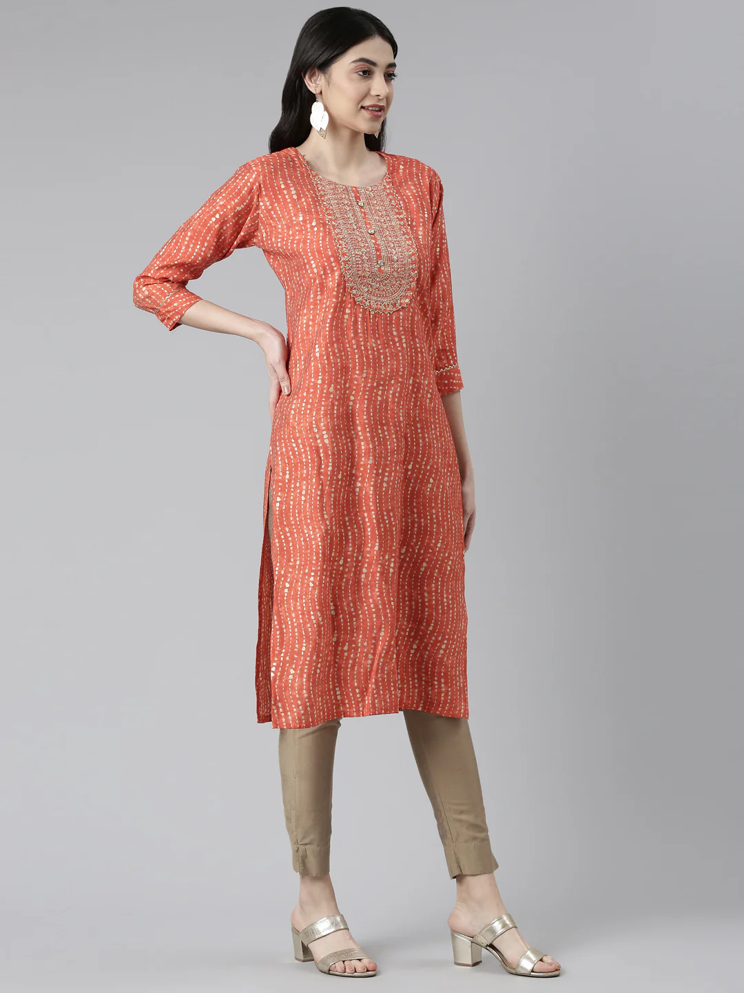 Neerus Women Rust Printed Chanderi Silk Kurta - Image 6