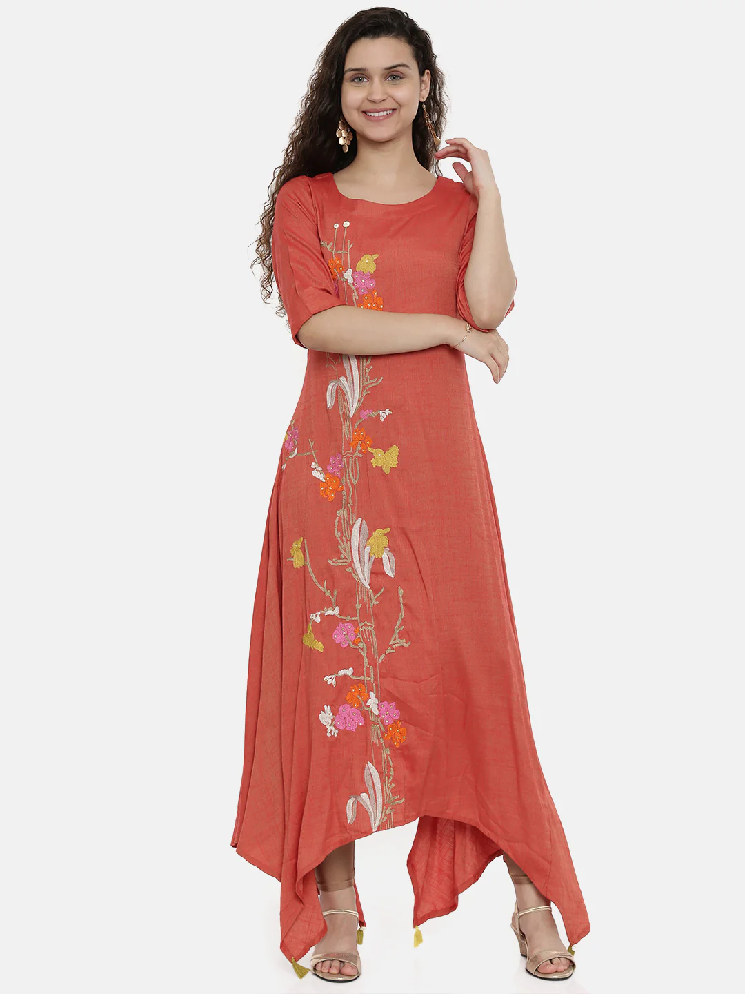 Neerus Women Rust Red Floral Embroidered Asymmetric A-Line Kurta - Image 7