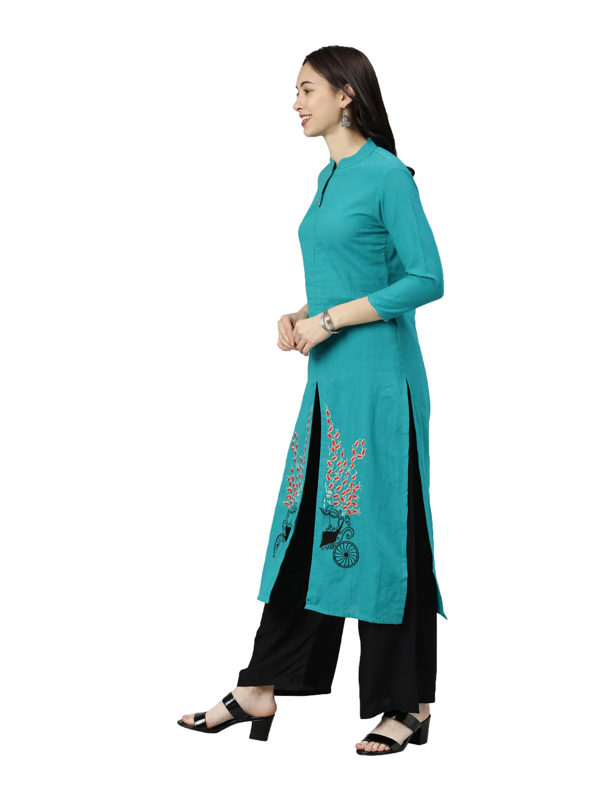 Neerus Women Sea Green Black Solid Straight Kurta - Image 2