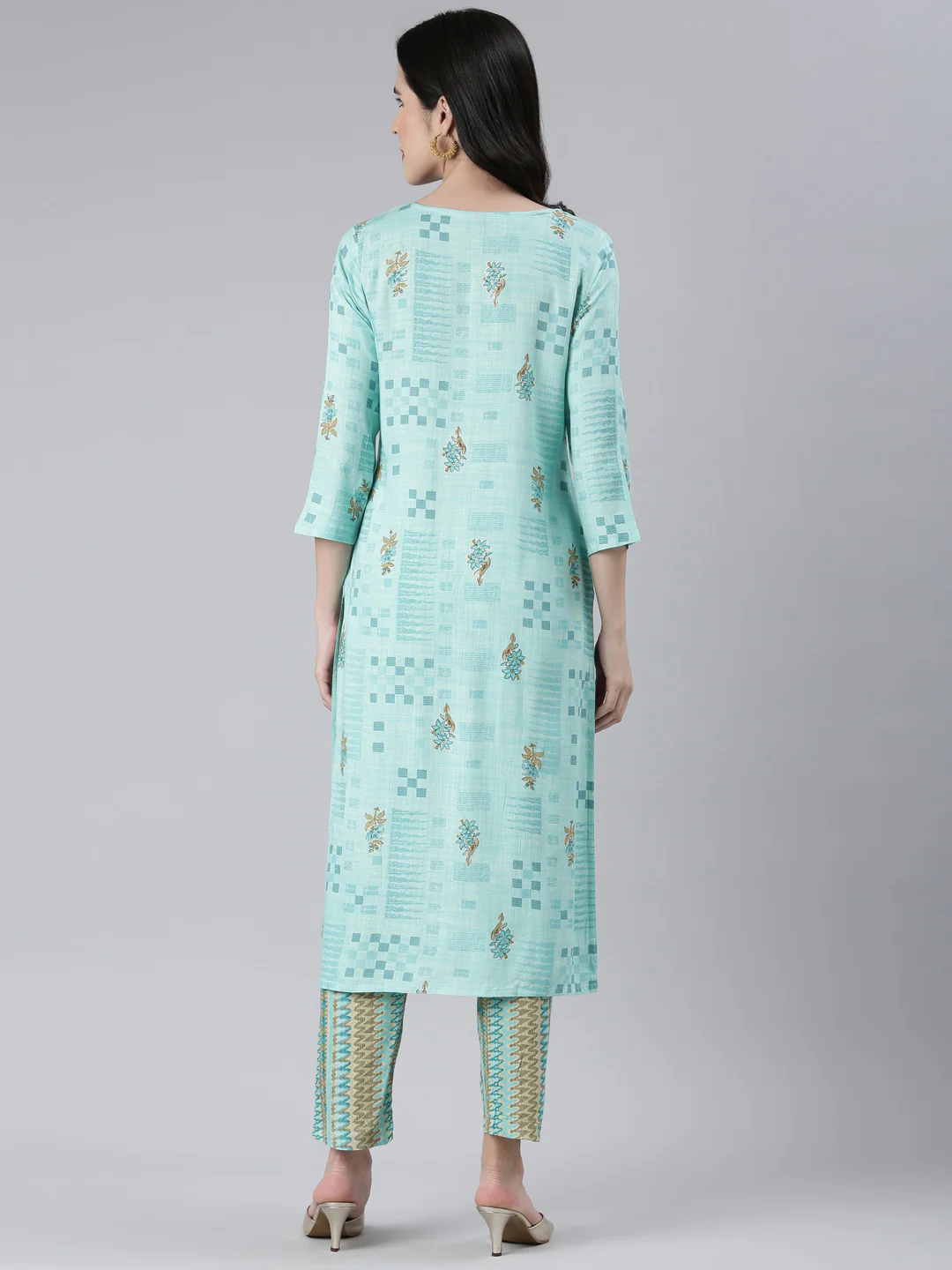 Neerus Women Sea Green Embroidered Calf Length Kurta And Trousers - Image 3