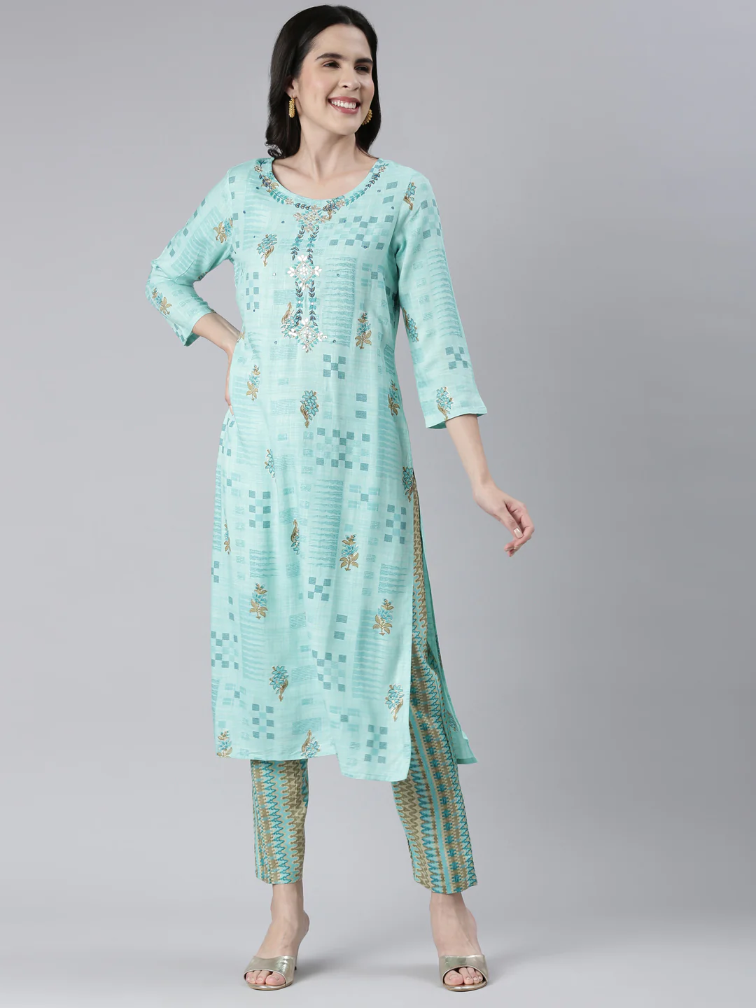 Neerus Women Sea Green Embroidered Calf Length Kurta And Trousers - Image 5