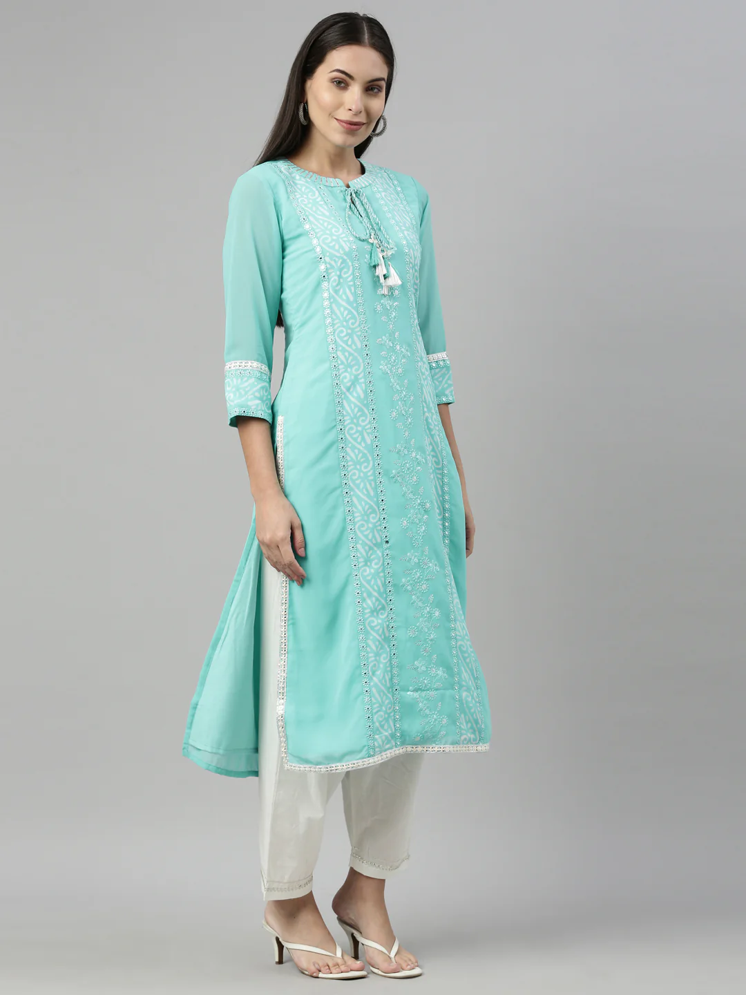 Neerus Women Sea Green Embroidered Georgette Kurta - Image 2