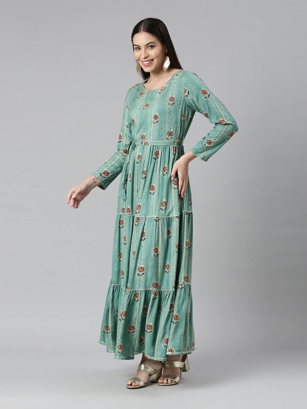 Neerus Women Sea Green Floral Printed Anarkali Kurta - Image 2