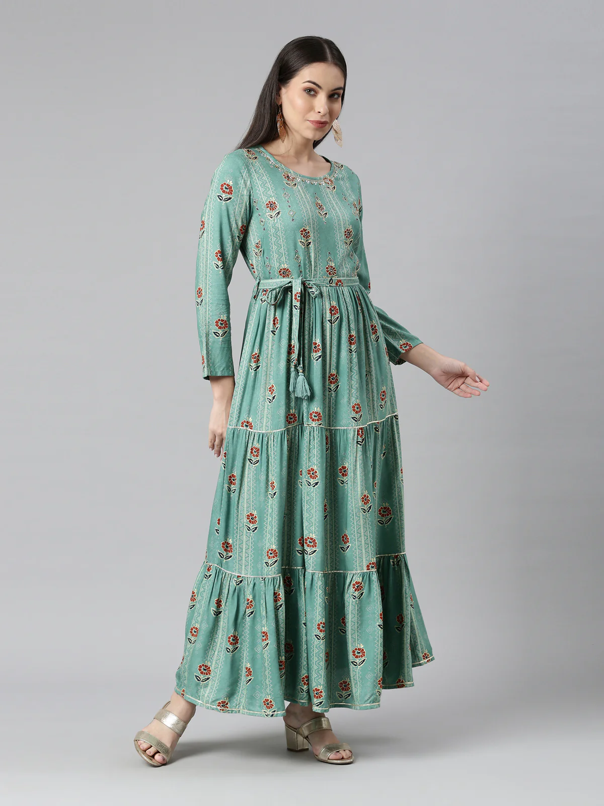 Neerus Women Sea Green Floral Printed Anarkali Kurta - Image 3