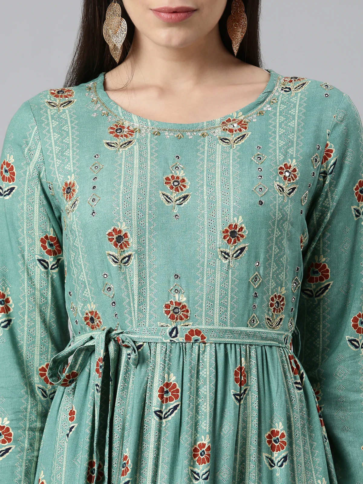 Neerus Women Sea Green Floral Printed Anarkali Kurta - Image 5