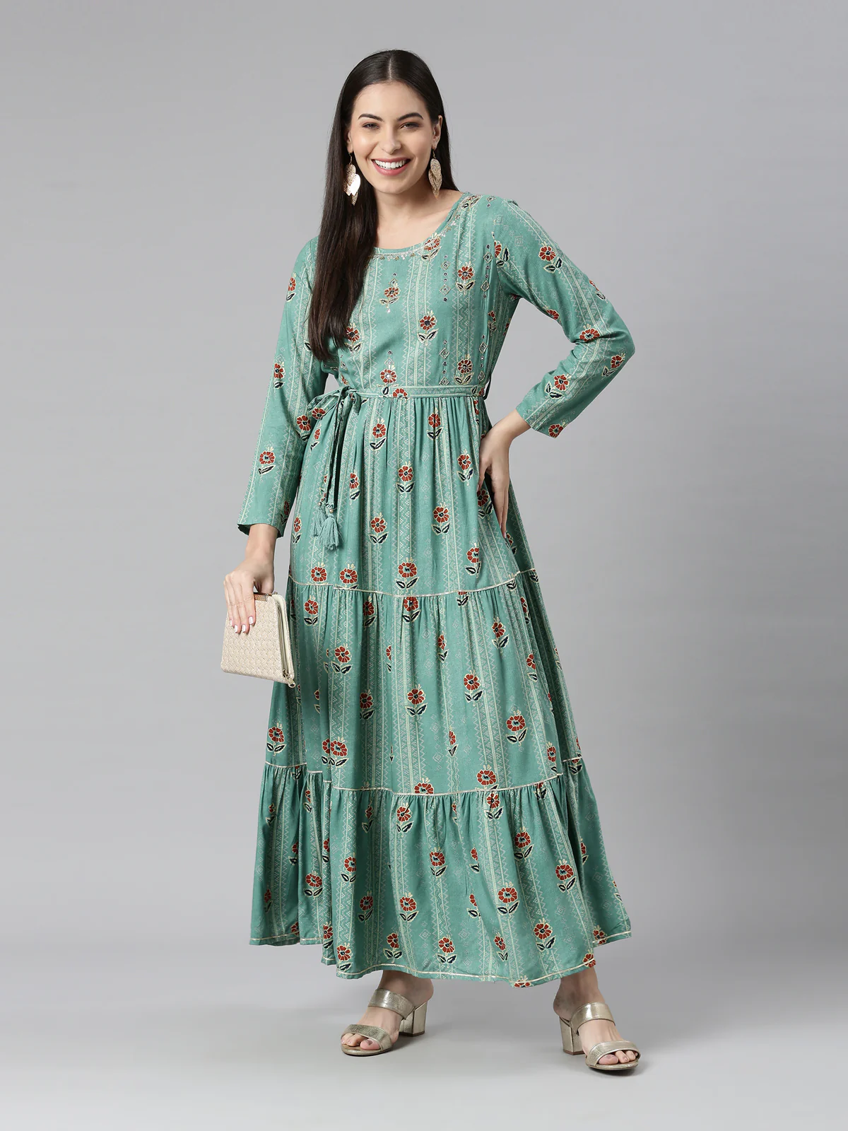 Neerus Women Sea Green Floral Printed Anarkali Kurta - Image 6