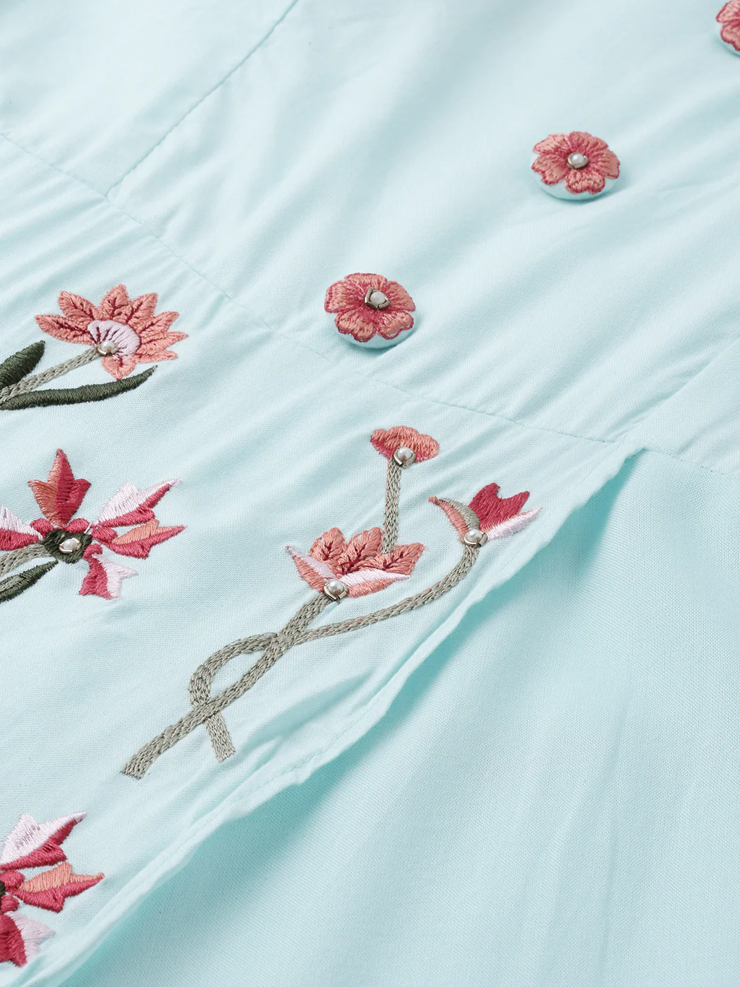 Neerus Women Sea Green Red Floral Embroidered A-Line Kurta With Tie-Up Detail - Image 2