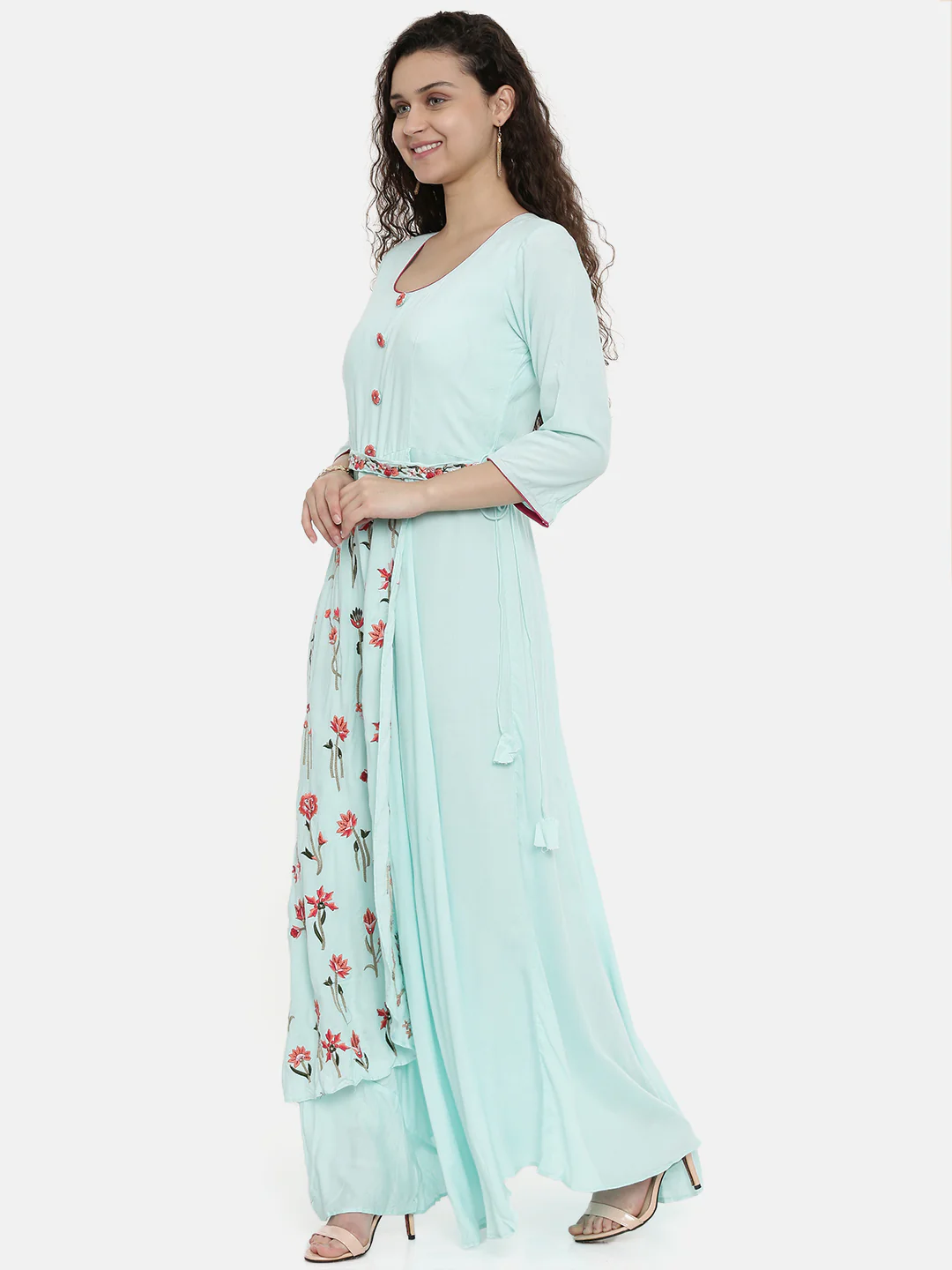 Neerus Women Sea Green Red Floral Embroidered A-Line Kurta With Tie-Up Detail - Image 4