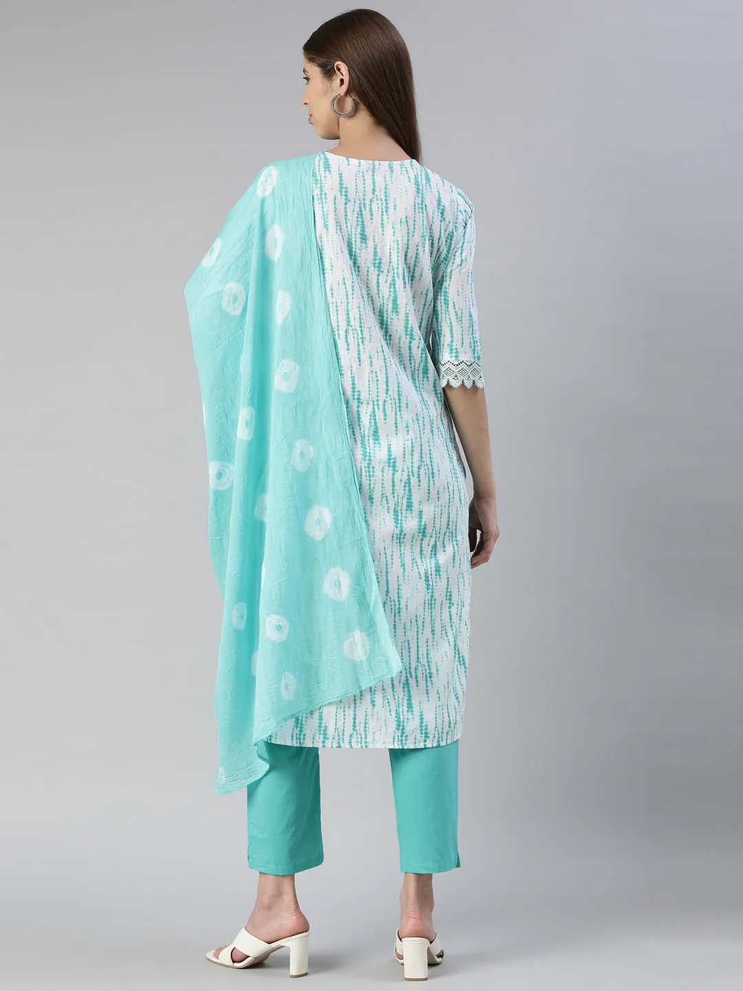 Neerus Women Sea Green Solid Calf Length Kurta And Trousers With Dupatta - Image 3
