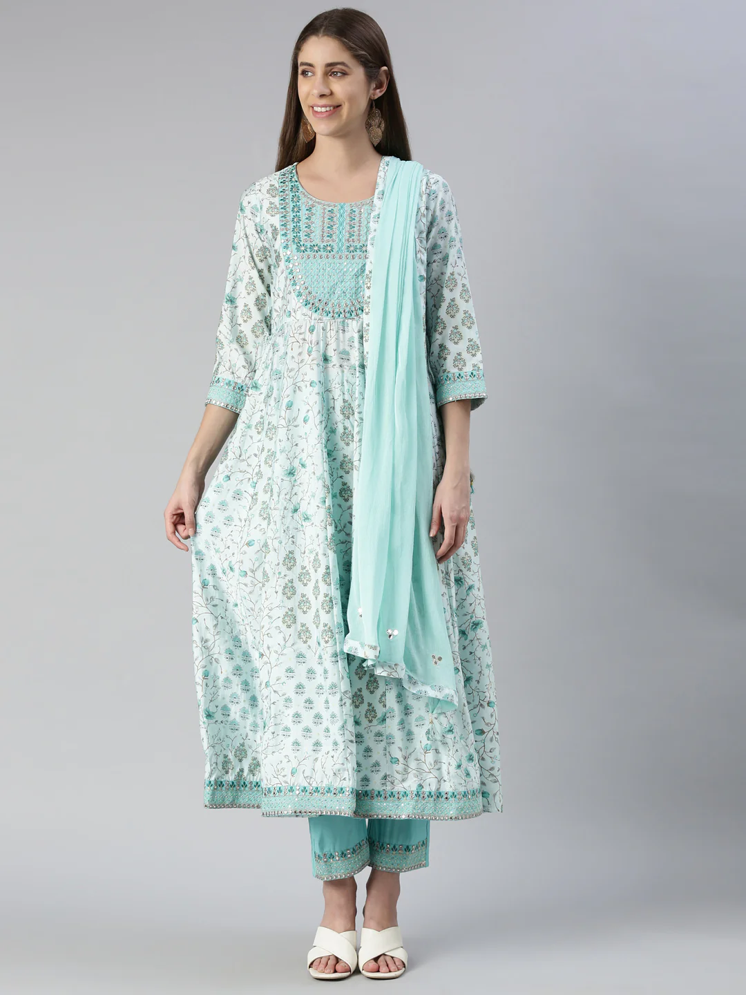 Neerus Women Sea Green Yoke Design Calf Length Kurta And Trousers With Dupatta