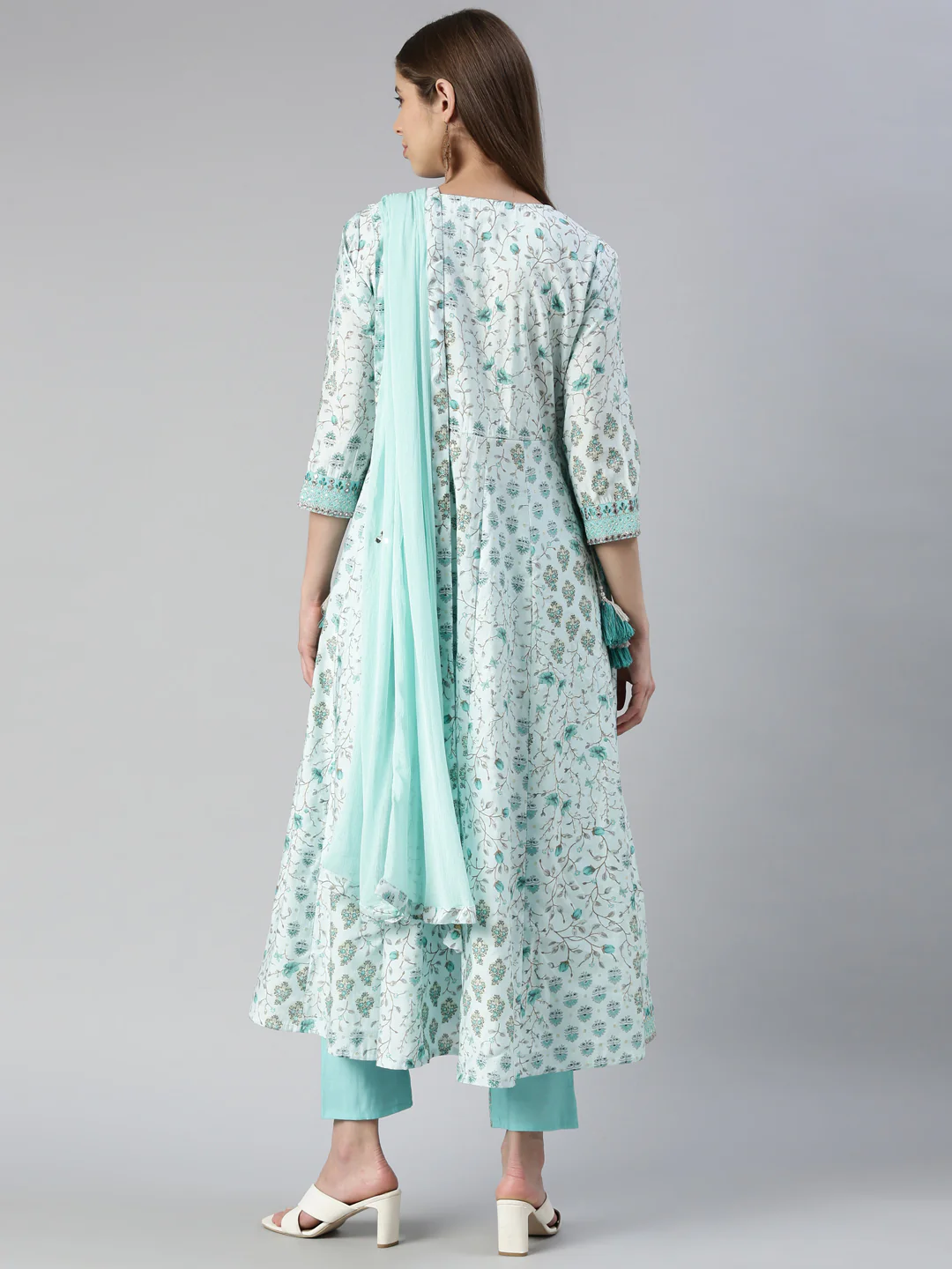 Neerus Women Sea Green Yoke Design Calf Length Kurta And Trousers With Dupatta - Image 3