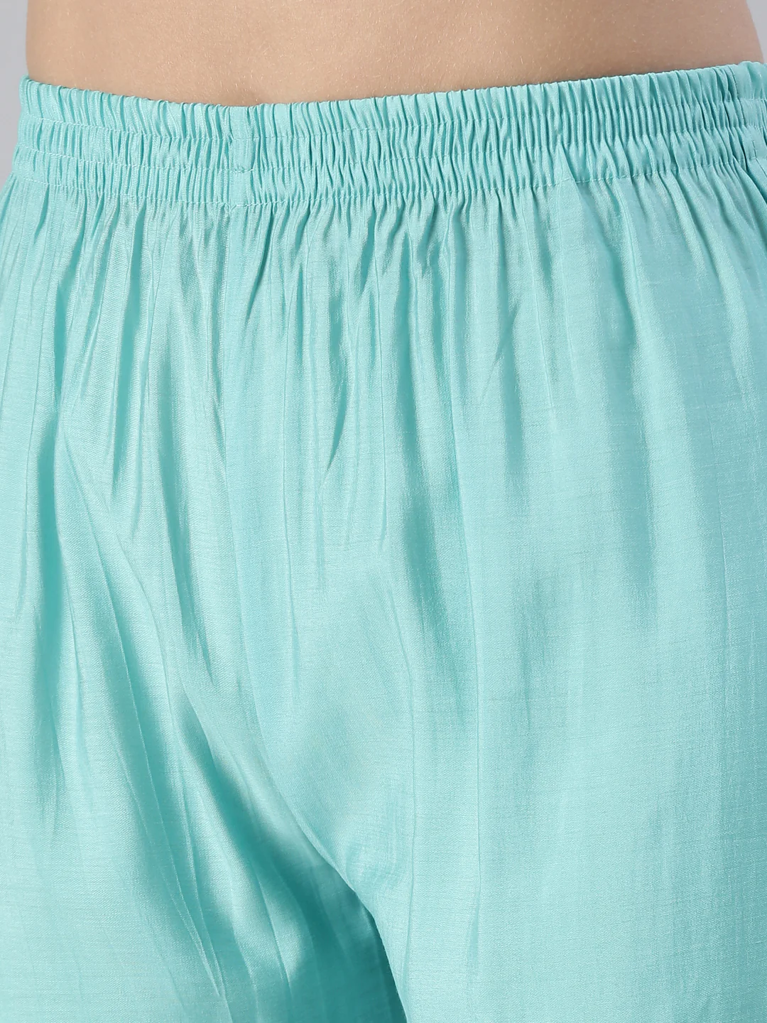Neerus Women Sea Green Yoke Design Calf Length Kurta And Trousers With Dupatta - Image 6