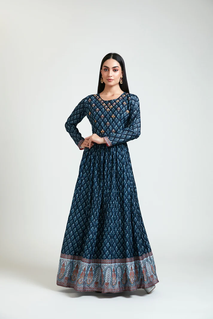 Neerus Women Silk Navy Blue Dress