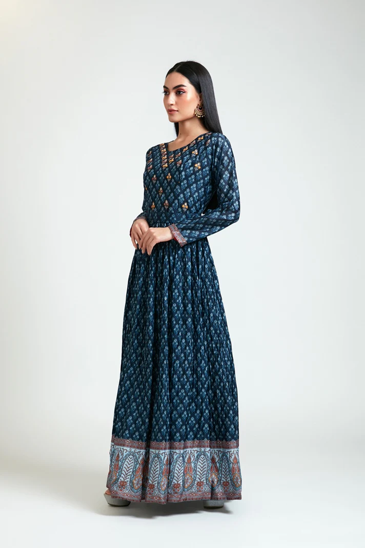 Neerus Women Silk Navy Blue Dress - Image 2