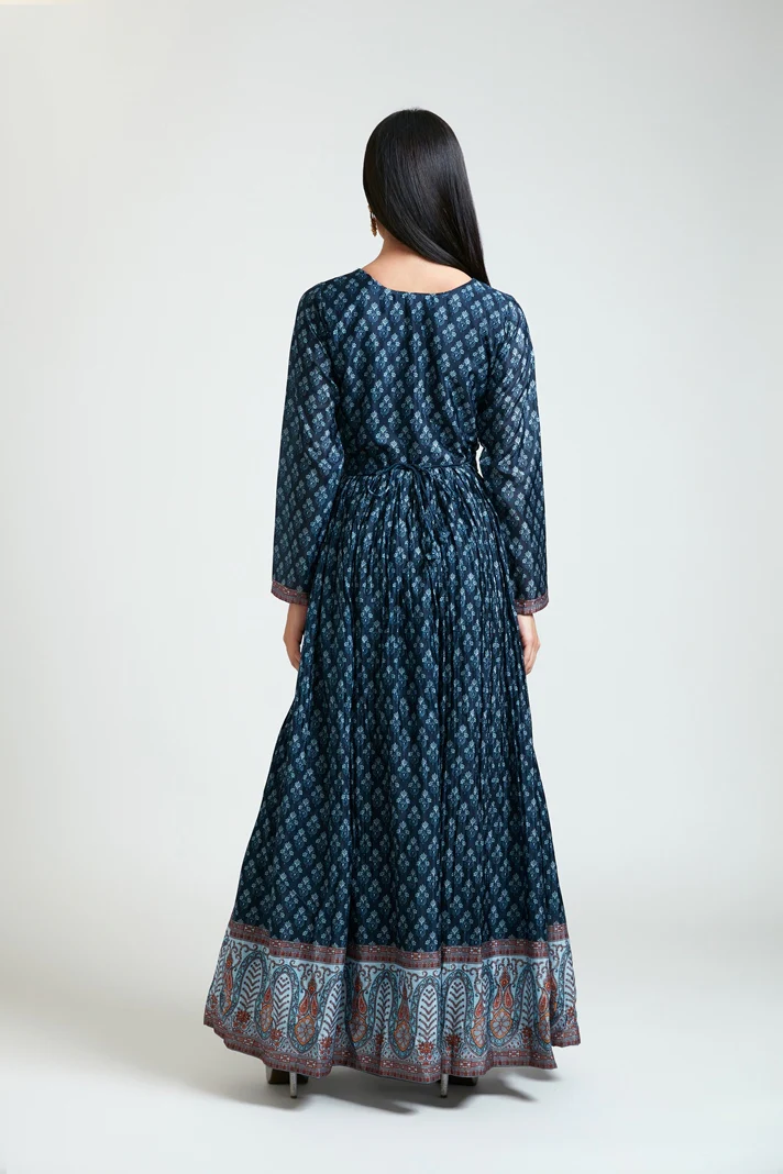 Neerus Women Silk Navy Blue Dress - Image 3