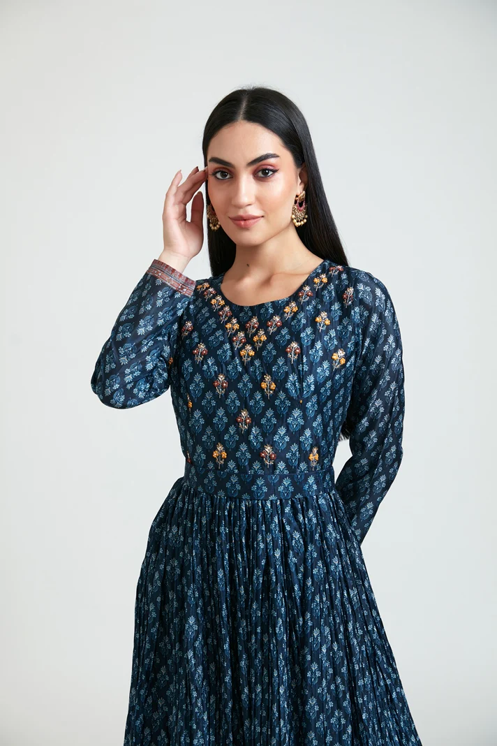 Neerus Women Silk Navy Blue Dress - Image 4