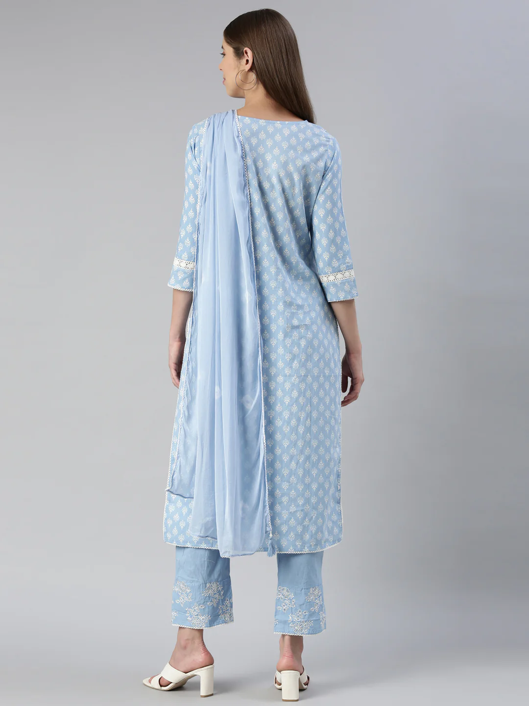 Neerus Women Sky Blue Embroidered Calf Length Kurta And Trousers With Dupatta - Image 3