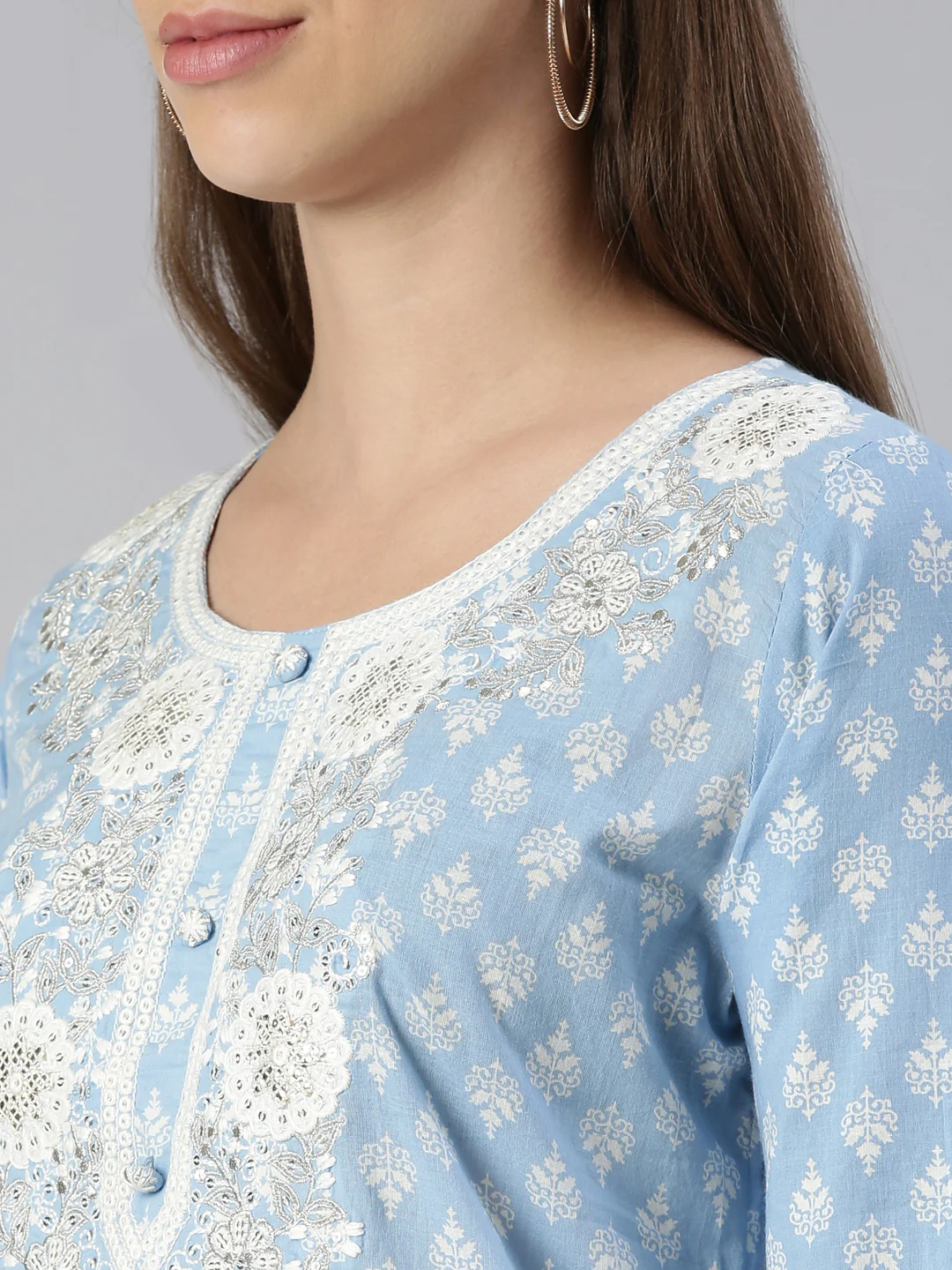 Neerus Women Sky Blue Embroidered Calf Length Kurta And Trousers With Dupatta - Image 4