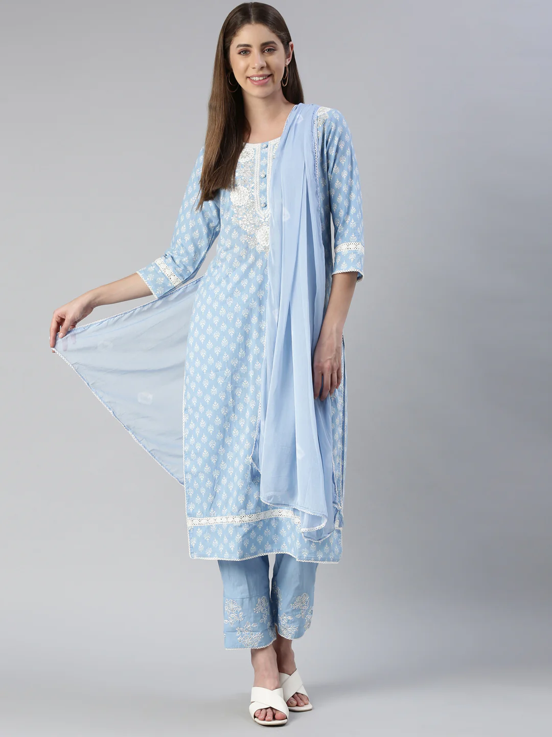 Neerus Women Sky Blue Embroidered Calf Length Kurta And Trousers With Dupatta - Image 5