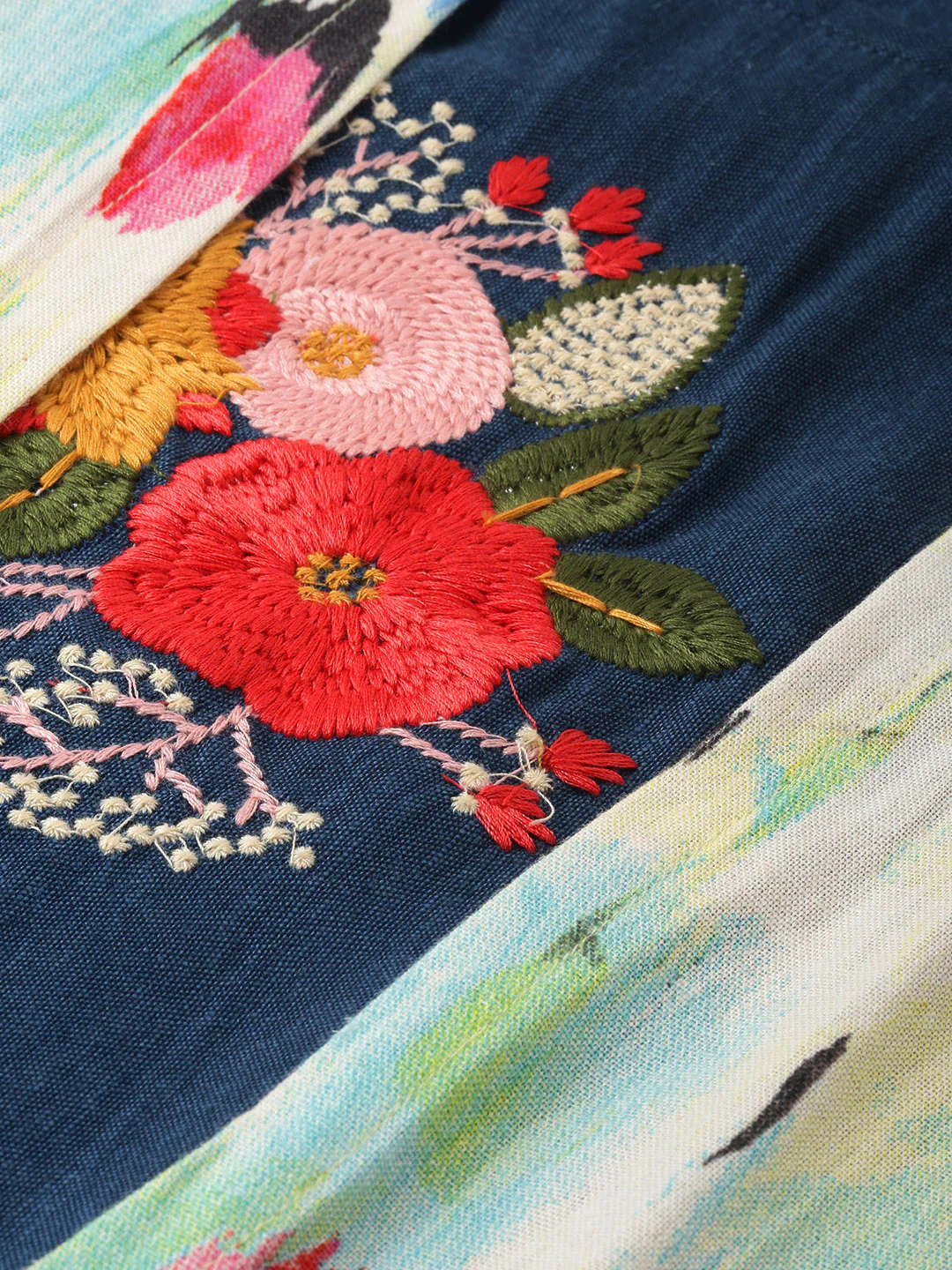 Neerus Women Teal Blue Yellow Printed Layered A-Line Kurta With Embroidered Detailing - Image 2