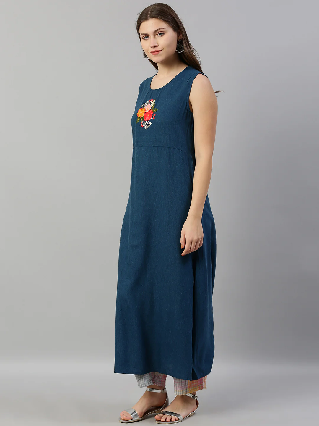 Neerus Women Teal Blue Yellow Printed Layered A-Line Kurta With Embroidered Detailing - Image 3