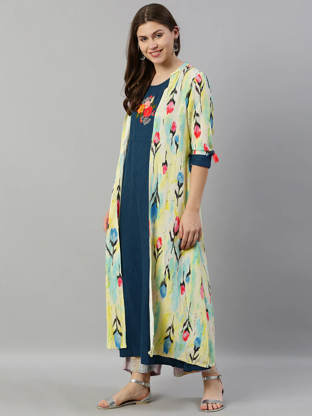 Neerus Women Teal Blue Yellow Printed Layered A-Line Kurta With Embroidered Detailing - Image 5