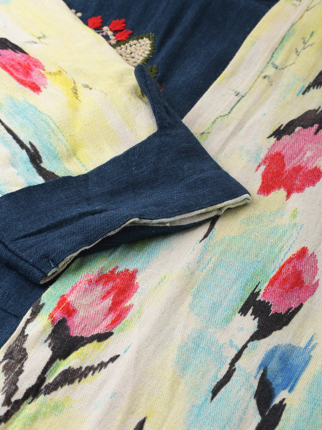 Neerus Women Teal Blue Yellow Printed Layered A-Line Kurta With Embroidered Detailing - Image 6
