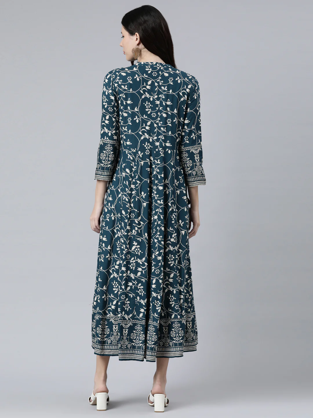 Neerus Women Teal Floral Printed Anarkali Kurta - Image 3