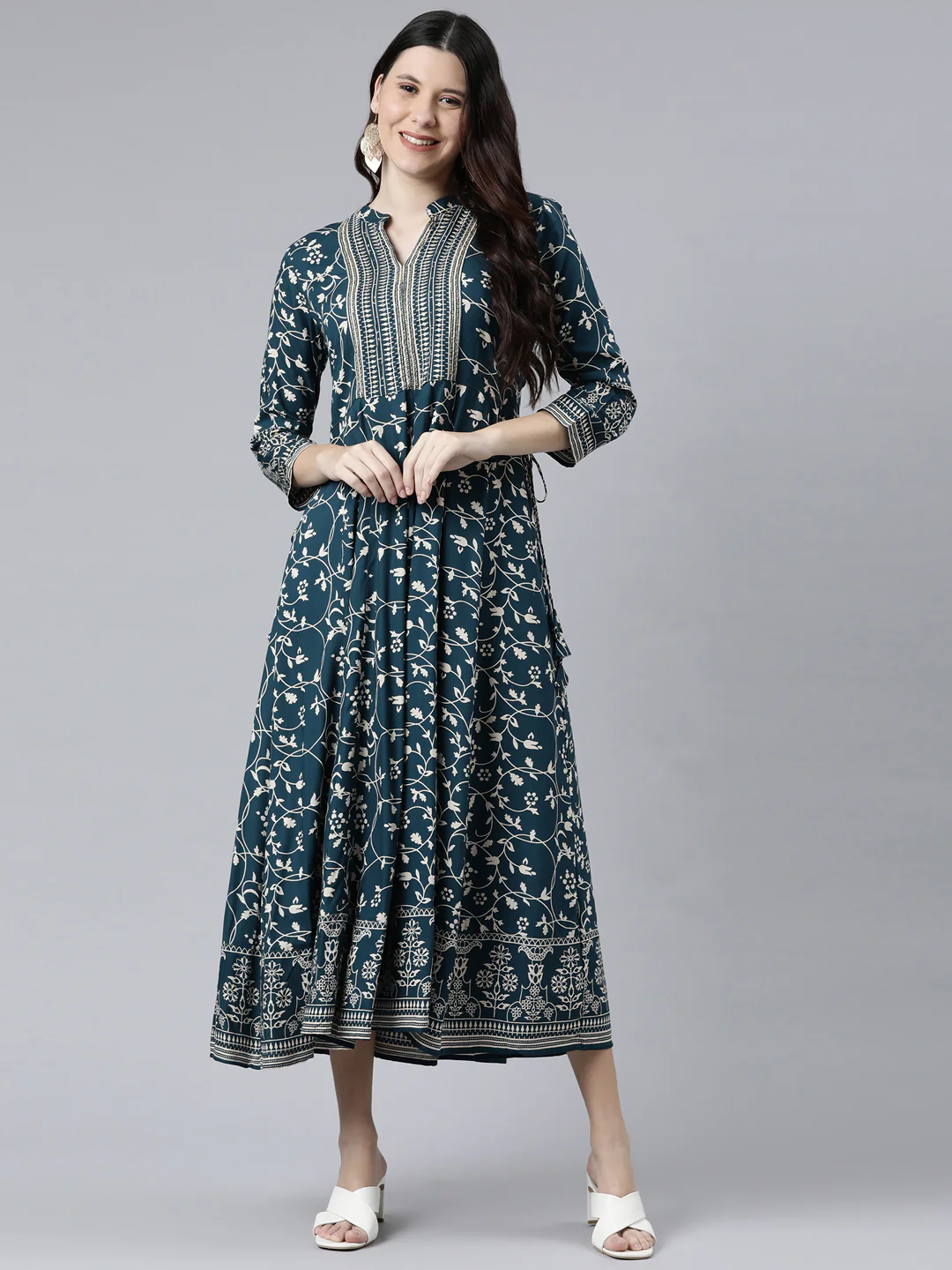 Neerus Women Teal Floral Printed Anarkali Kurta - Image 5
