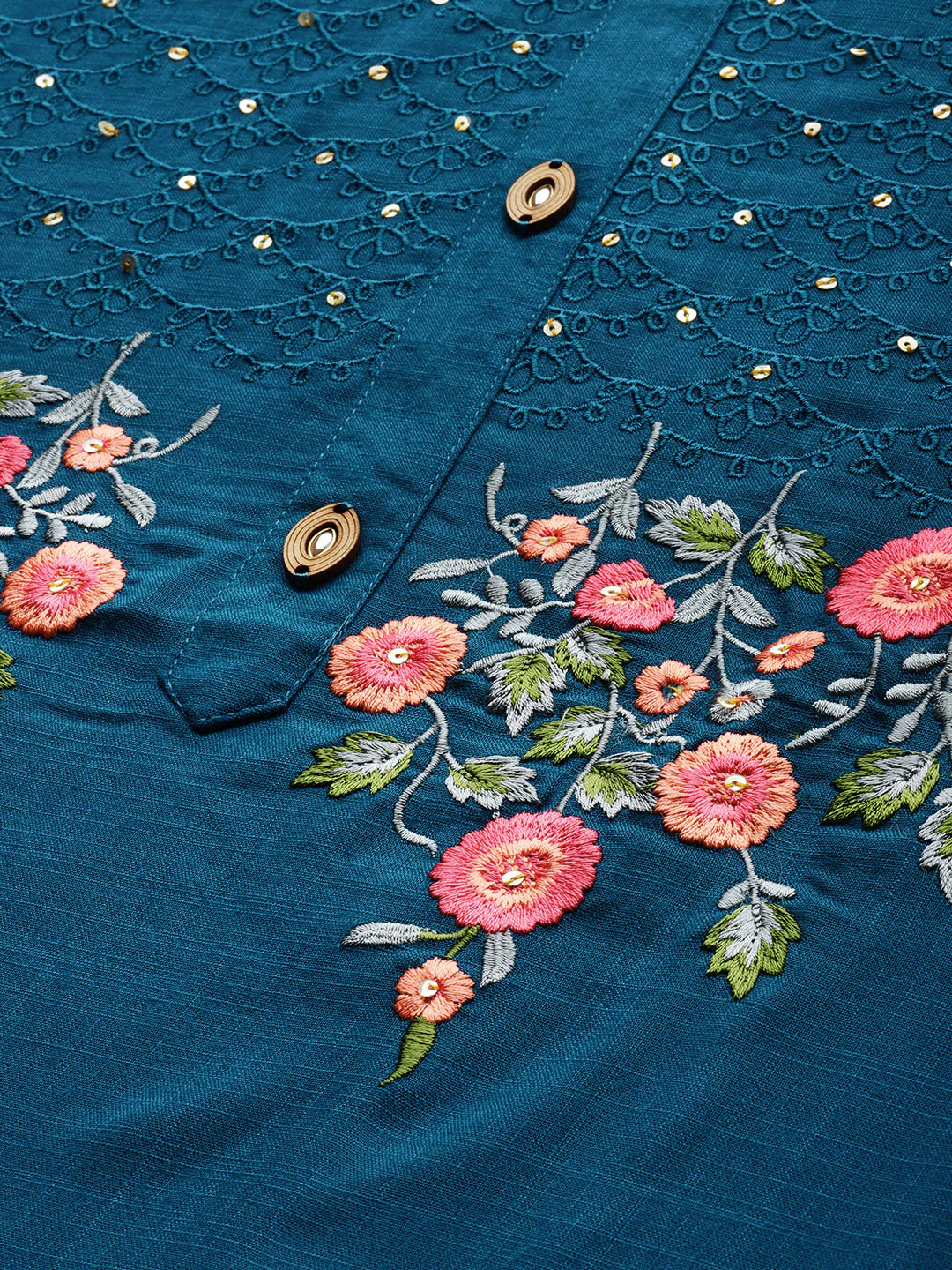 Neerus Women Teal Green Embroidered Straight Kurta - Image 2